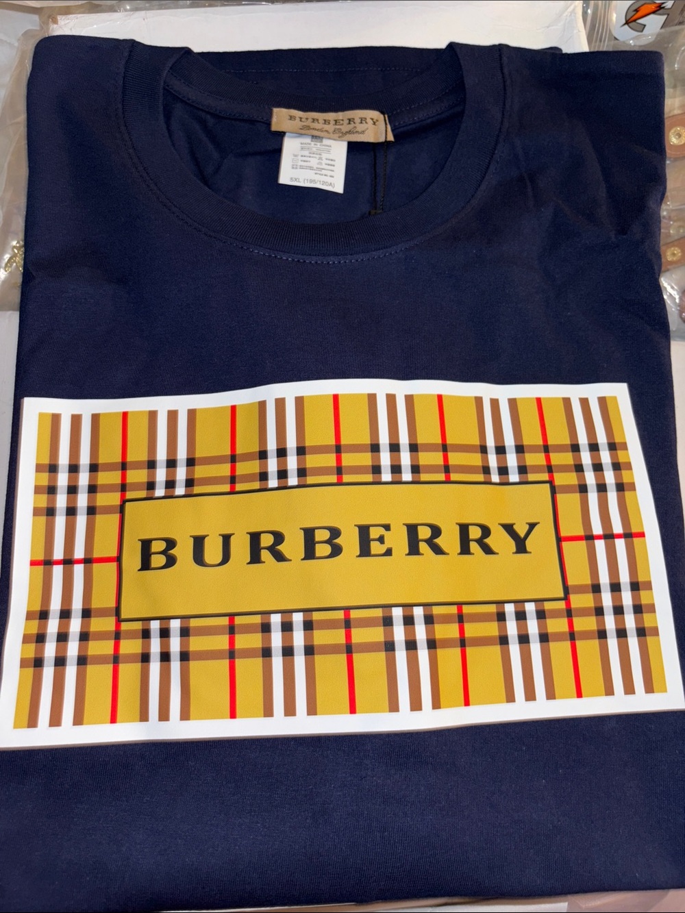 Brand New. Men's Navy Short Sleeve Logo Plaid T-Shirt